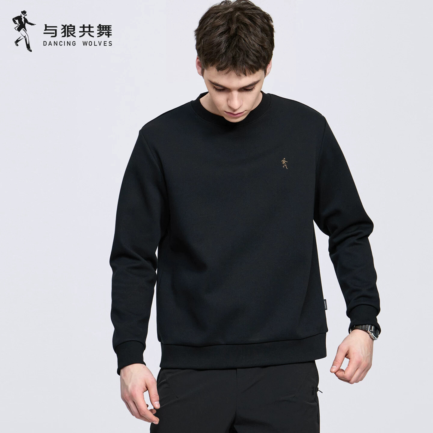 与狼共舞刺绣圆领卫衣男士2026春季新款宽松百搭耐磨套头休闲上衣