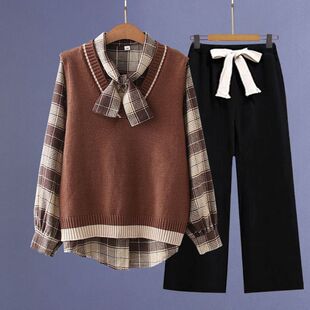 中学生少女春秋单套毛衣马甲三件套学院风女大童休闲阔腿裤两件套