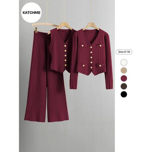 Lady Elegant Knit VNeck GoldToned Button Vest Wide Leg
