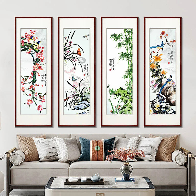 现代新中式花鸟图挂画客厅沙发背景墙装饰画中国风玄关壁画四条屏