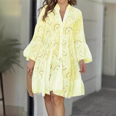 Eyelet Embroidery Notched Neck Smock Dress Elegant Flounce