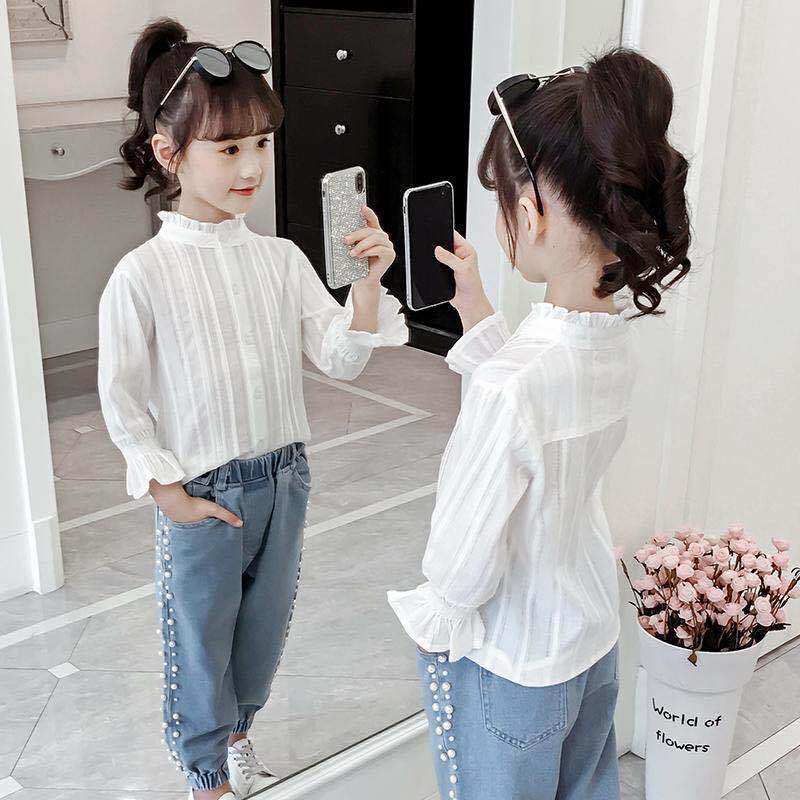 女童衬衫2024新款韩版洋气中大童夏白色长袖上衣儿童衬衣防晒衣女