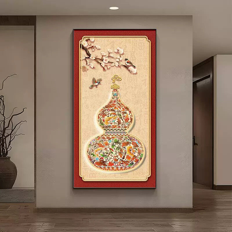 进门挂画竖版装饰画道走廊中式玄关新悬挂背景墙葫芦过福字画客厅