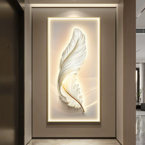 羽毛玄关装饰画现代轻奢入户正对门口挂画走廊过道发光壁灯画