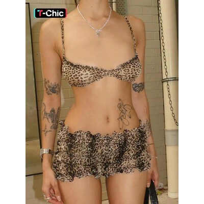 TwoPiece Set Womens Leopard Print Frill Trim Crop Cami Top