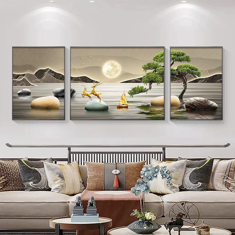 时来运转客厅装饰画沙发背景墙挂画轻奢山水画三联画大白墙壁画