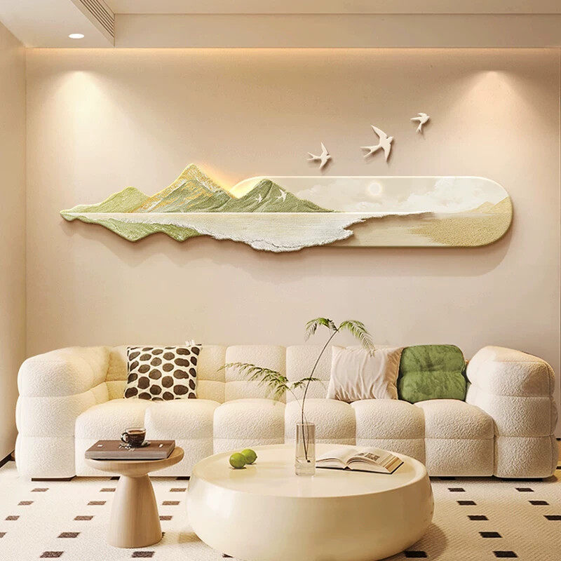北欧奶油风客厅装饰画背有靠山沙发背景墙挂画高级感山水画壁灯画