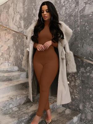 Women's Plain Turtleneck Body Sculpting Jumpsuit Stretchy