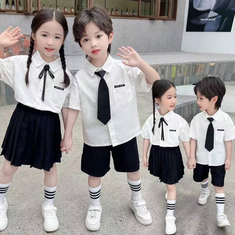 儿童领带白衬衫男童短袖演出服 女童宝宝儿童幼儿园六一毕业拍照图片