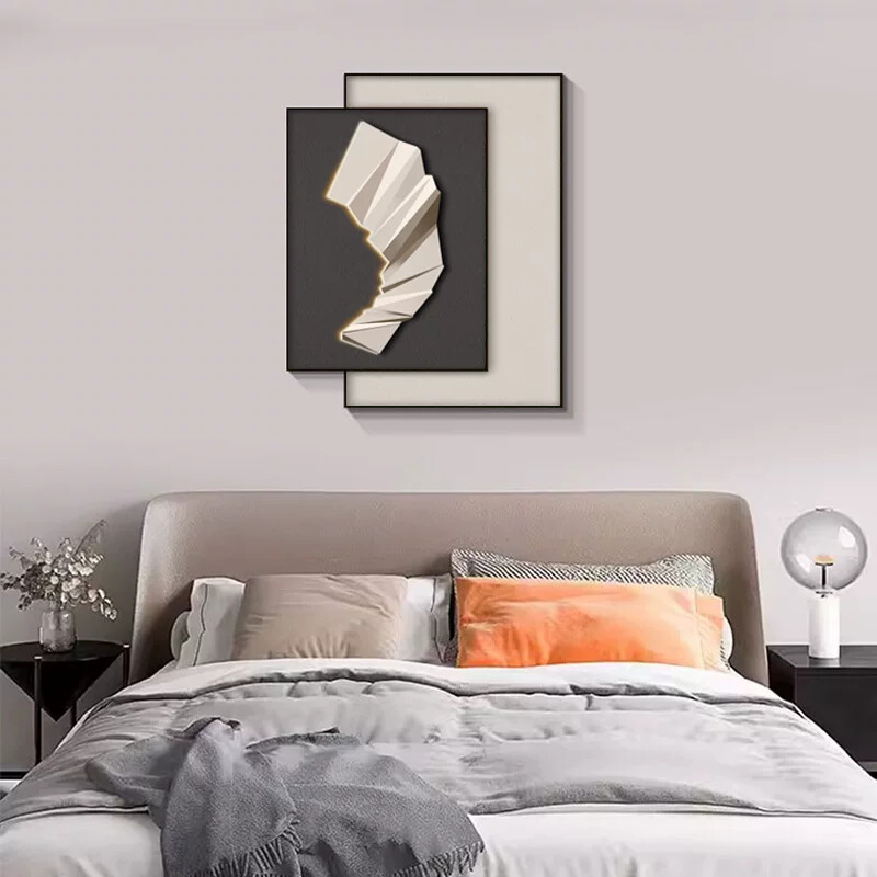 现代简约卧室叠加装饰画抽象极简主卧背景墙挂画高档床头立体感画