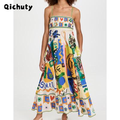 Women Boho Colorful Spaghetti Strap Dress Summer Vacation