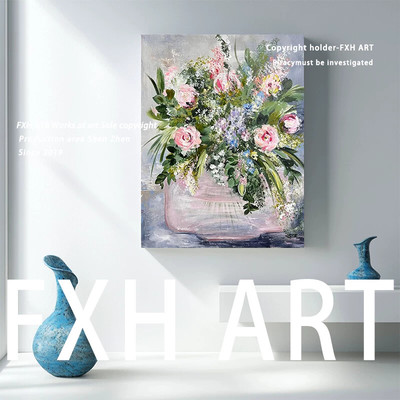 FXH.花簇缤纷系列《粉韵花簇》玫瑰肌理客厅餐厅装饰挂画手绘油画