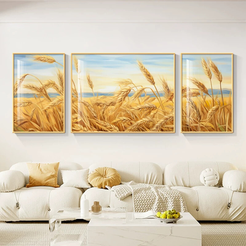 黄金满地麦穗客厅装饰画穗穗平安三联挂画高档大气沙发背景壁画