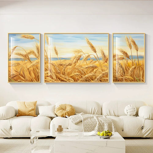 黄金满地麦穗客厅装饰画穗穗平安三联挂画高档大气沙发背景壁画