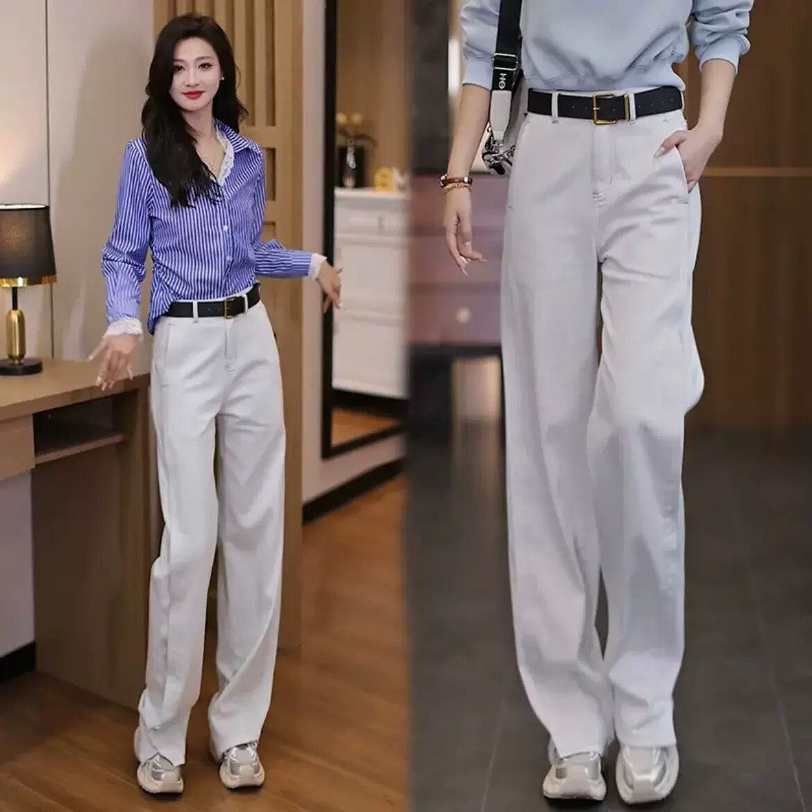 灰色高级感阔腿牛仔裤女2026新款春秋高腰垂感宽松直筒休闲弯刀裤