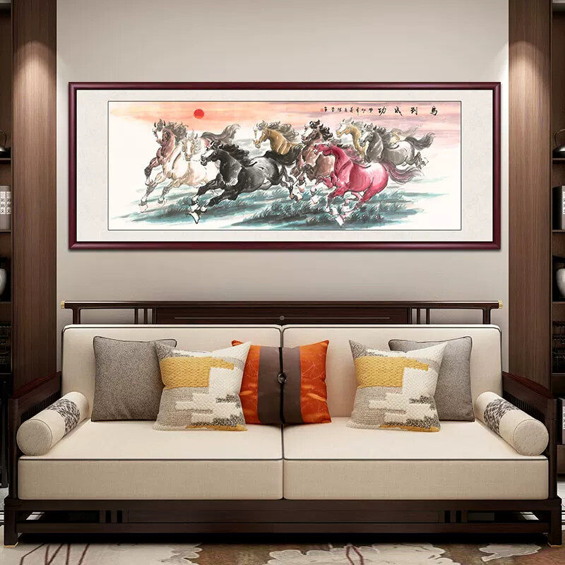 名家手绘国画八骏图办公室装饰画中式客厅挂画马到成功沙发背景墙