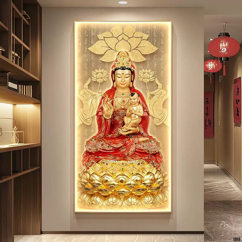 观世音菩萨画像挂画求子送子观音玄关装饰画佛堂家用供奉壁画带灯