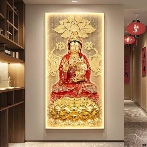 观世音菩萨画像挂画求子送子观音玄关装饰画佛堂家用供奉壁画带灯