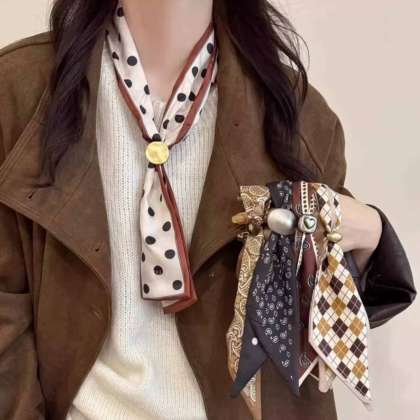 法式复古抽拉系脖丝巾项链女新款秋冬波点领巾长款毛衣链围巾配饰