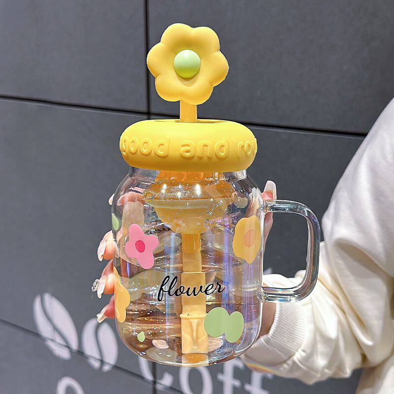 玻璃杯女生高颜值带手柄办公室泡茶杯学生大容量创意花朵吸管水杯
