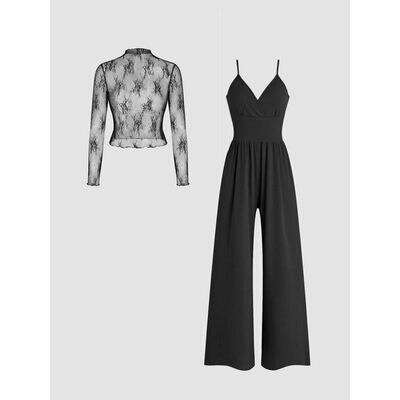 TwoPiece Set for Women Solid Color Lace Tee Pocket Jumpsuit