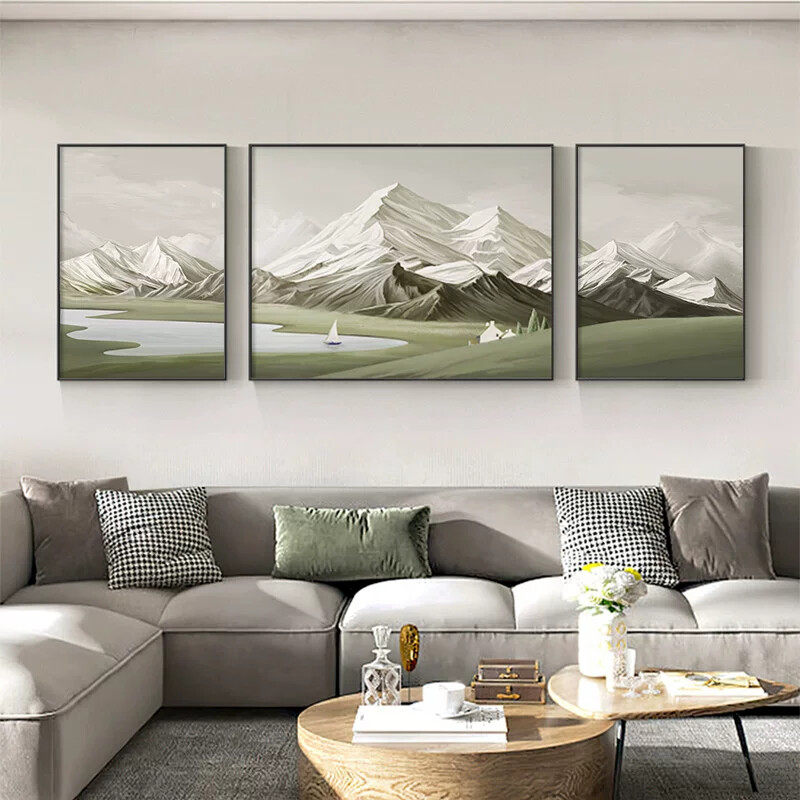 背有靠山客厅装饰画北欧风沙发背景墙挂画大气山水风景画三联壁画