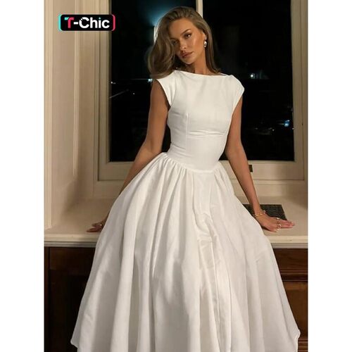 Womens Plain Cut Out Backless A Line Dress Elegant Midi