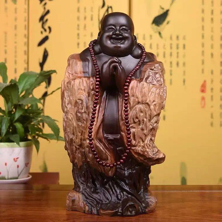 黑檀实木雕刻弥勒佛根雕摆件大号恭喜笑佛像工艺品红木家居饰送礼