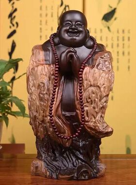 黑檀实木雕刻弥勒佛根雕摆件大号恭喜笑佛像工艺品红木家居饰送礼