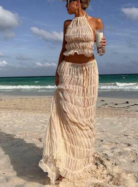 2 PCS Hanging Neck And Strapless Long Sleeveless Suit Sexy