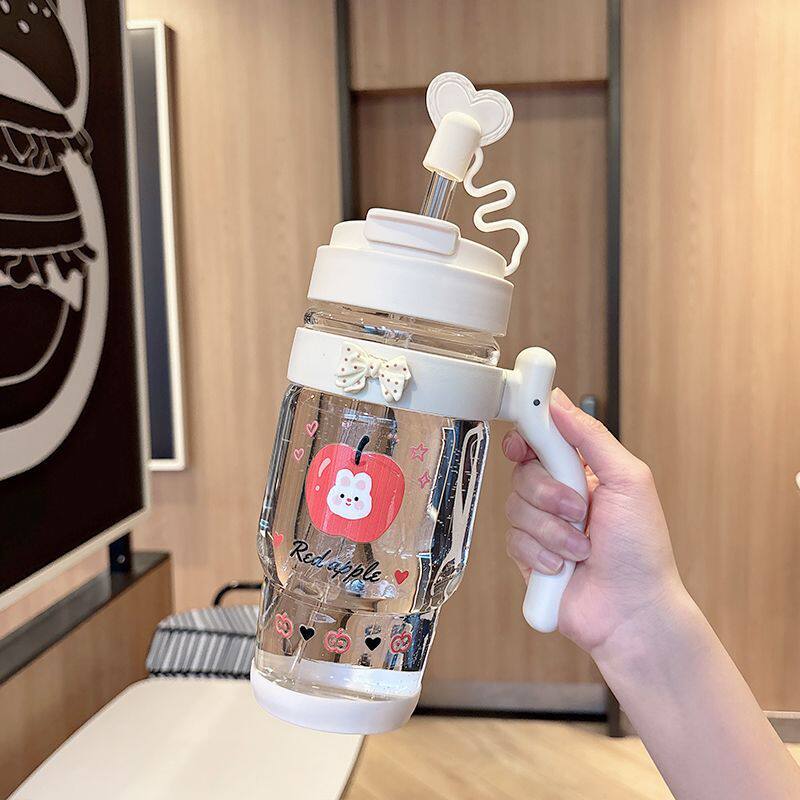 玻璃杯耐高温大容量水杯女士便携高颜值办公室带吸管学生双饮杯子