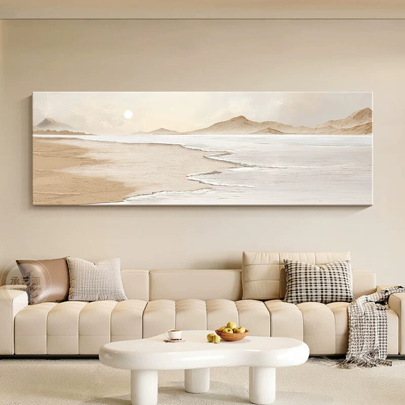 奶油原木风客厅装饰画高级感砂岩肌理沙发背景墙挂画山水横幅壁画