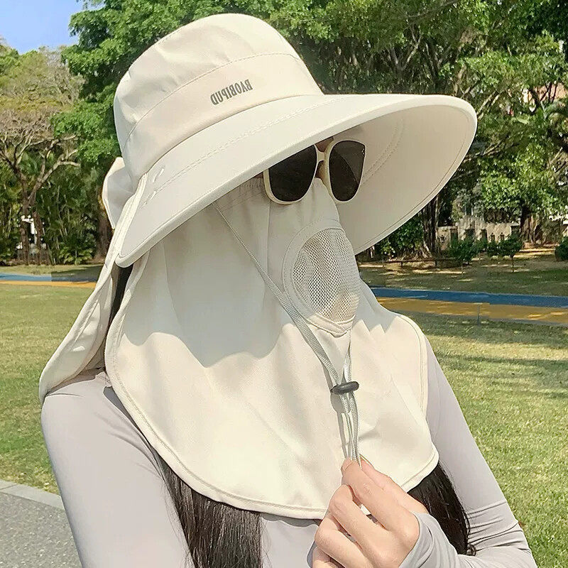 防晒帽子面罩护颈一体女夏季全脸防紫外线遮阳帽大帽檐骑车太阳帽