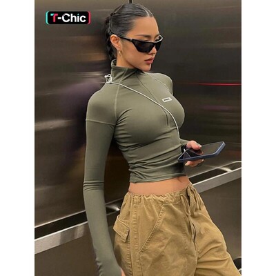 Womens Plain ZipUp Crop Tee with Letter Patches and