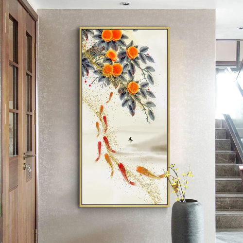 新中式玄关装饰画背景墙过道装饰壁画走廊竖版招财风水客厅挂画