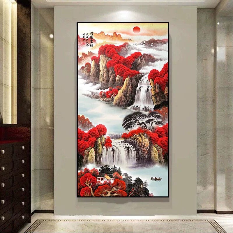新中式山水风景入户玄关装饰画现代高档壁画客厅走廊过道水墨挂画