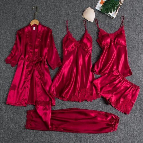 5pc silk robe sleep suit womens lace satin pajamas gown set
