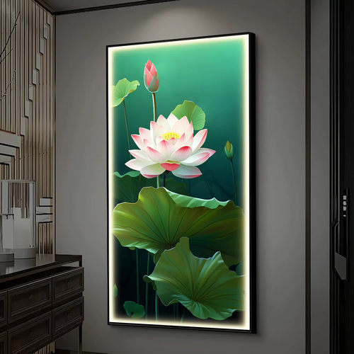 荷气生财走廊挂画玄关装饰画简约高档镶钻带灯过道客厅荷花壁画