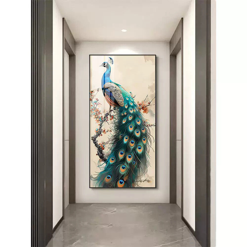 玄关装饰画竖版走廊过道挂画中国风入户客厅正对门墙画孔雀壁画