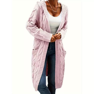 Solid Open Cable Knit Hooded Cardigan Casual Long Sleeve