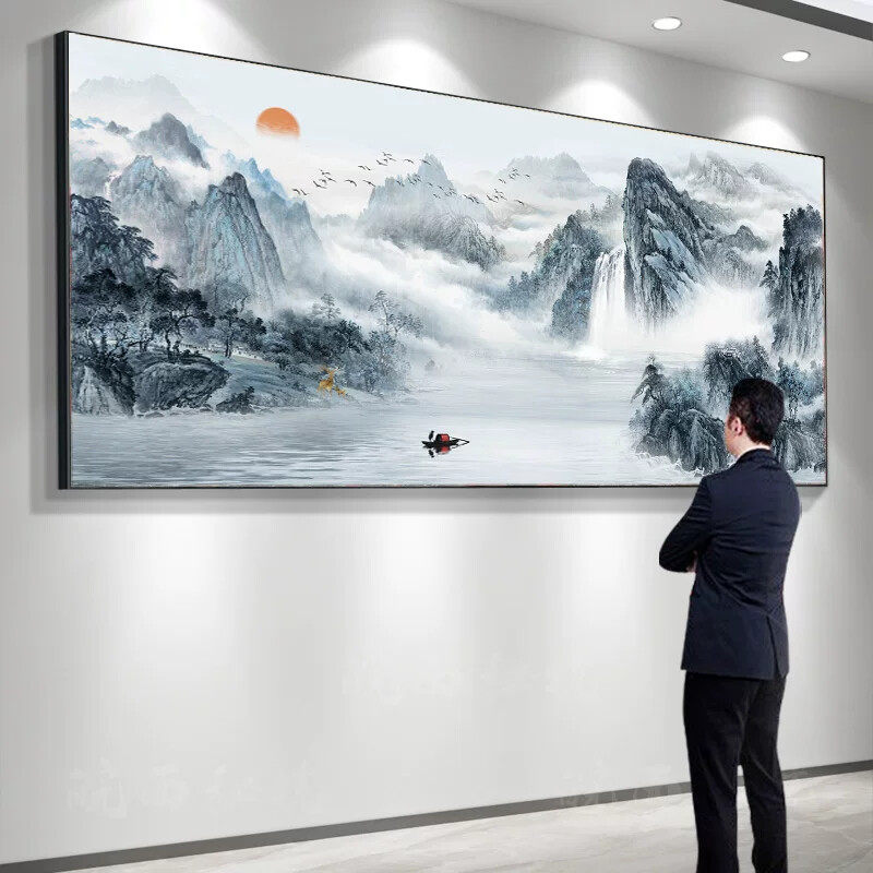 办公室挂画流水生财装饰字画客厅沙发背景墙3D立体壁画山水风景画