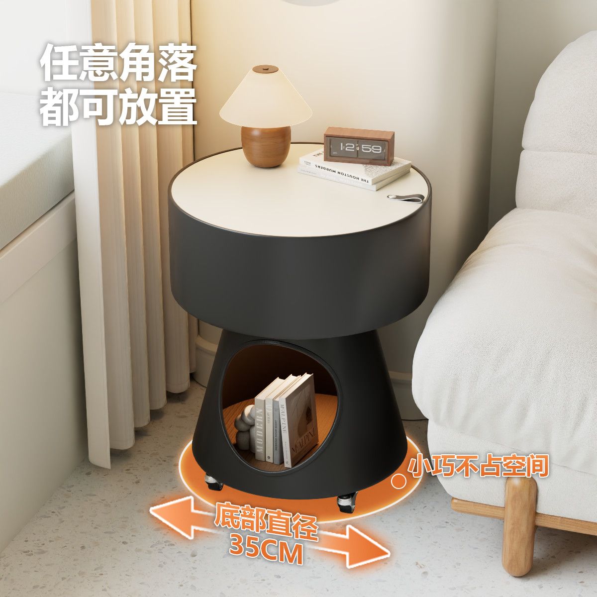 新款法式极简猫窝玻璃边几小户型铁艺带轮可移动圆形铁艺床头柜