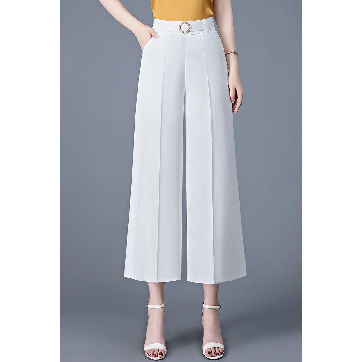 [南极人]冰丝九分阔腿裤女夏季薄款休闲高腰宽松显瘦黑色妈妈裤子