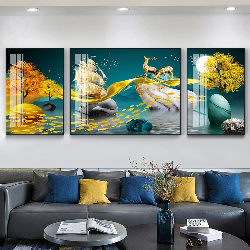 简约客厅装饰画沙发背景墙画壁画卧室挂画北欧晶瓷三联轻奢高端画