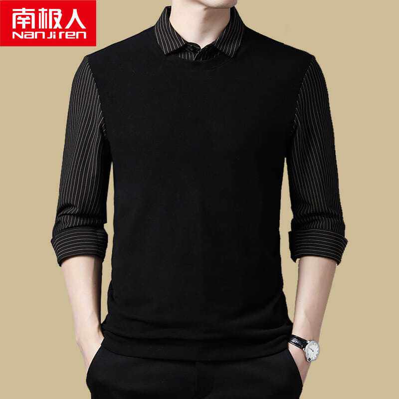 南极人春秋装上衣服男假两件长袖衬衫男t恤韩版潮流体桖打底衫男T