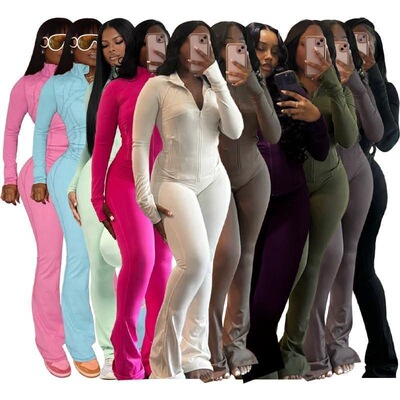 Womens 2Piece Lounge Set Cozy ZipUp Crop Jacket Flare Pants