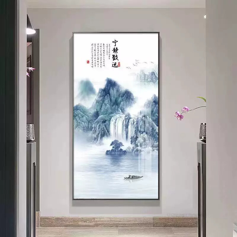 入户玄关山水画中式装饰画办公室挂画轻奢流水生财竖版走廊装饰画