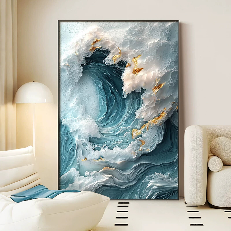 浮雕海浪客厅装饰画北欧3D立体感玄关落地挂画抽象沙发背景墙壁画