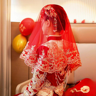 新娘出嫁半透明红盖头结婚头纱秀禾服喜帕中式婚纱婚庆红色蒙头巾