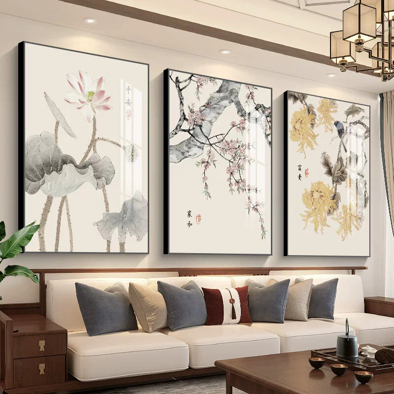 新中式客厅装饰画沙发背景墙挂画三联画晶瓷画饭厅壁画中国风墙画